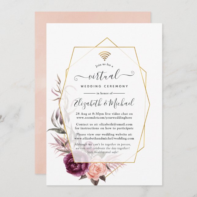 Plum and Blush Floral Geometric Virtual Wedding Invitation (Front/Back)