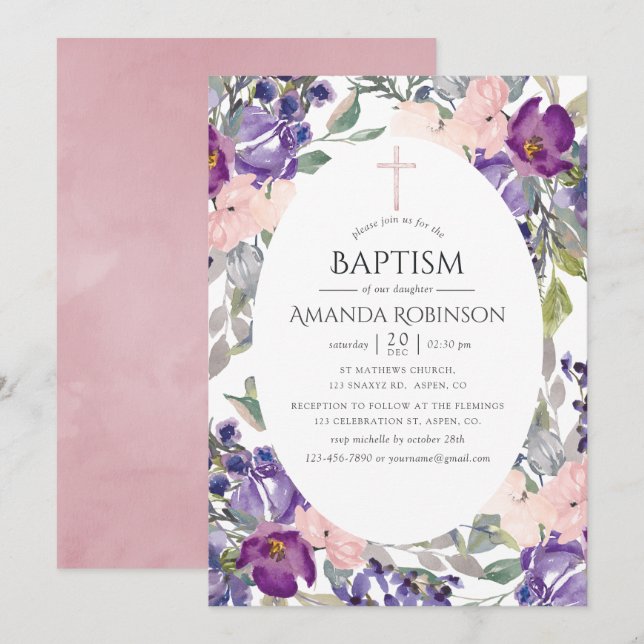 Plum and Blush Pink Floral Baptism or Christening Invitation (Front/Back)