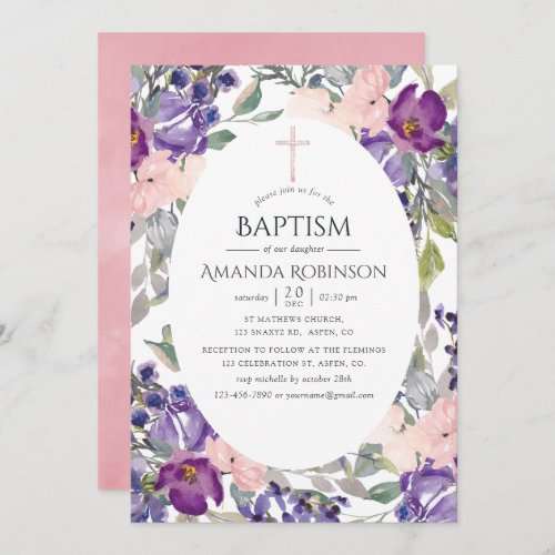 Plum and Blush Pink Floral Baptism or Christening Invitation