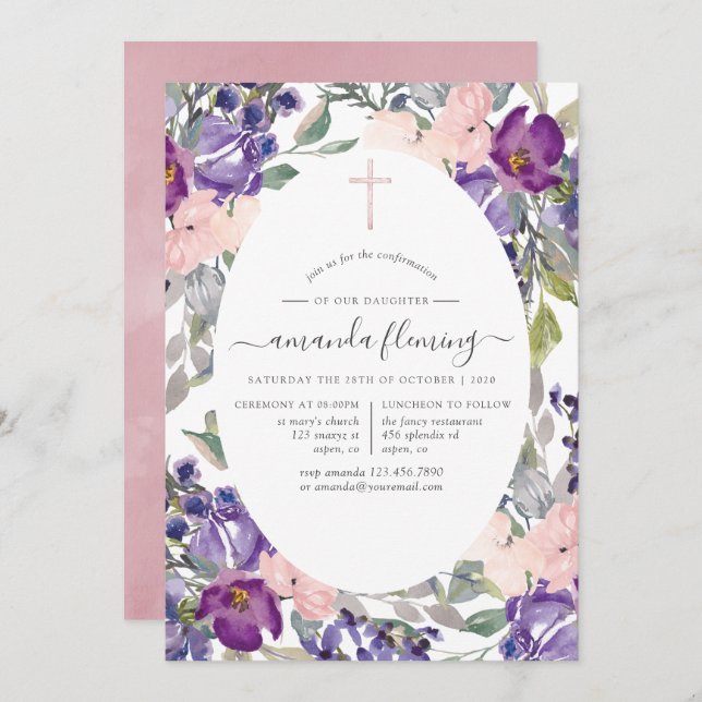 Plum and Blush Pink Floral Confirmation Invitation (Front/Back)