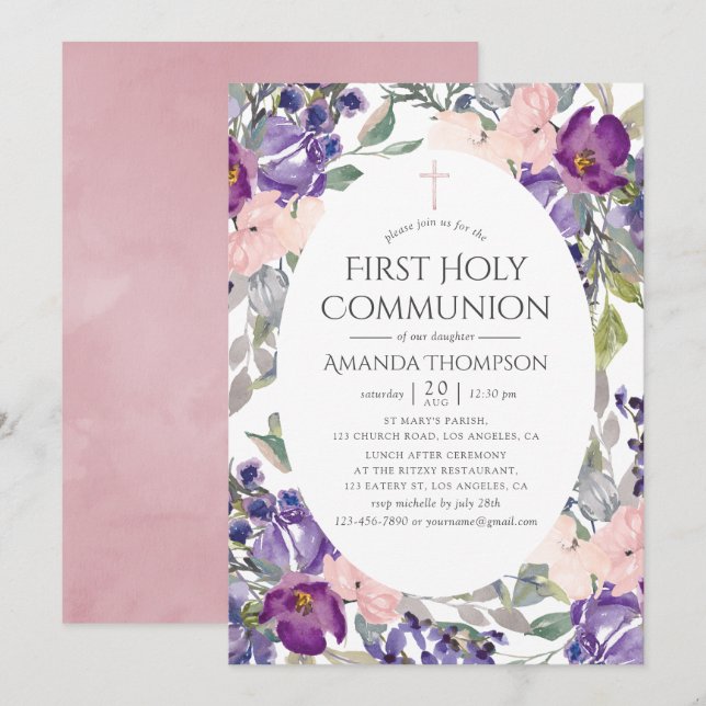 Plum and Blush Pink Floral First Holy Communion Invitation (Front/Back)