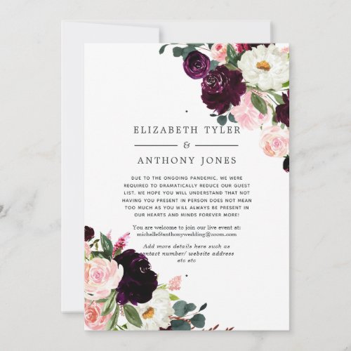 Plum and Blush Pink Wedding Reduced Guest List Announcement