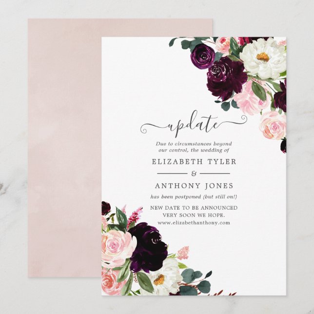 Plum and Blush Pink Wedding Update Invitation (Front/Back)