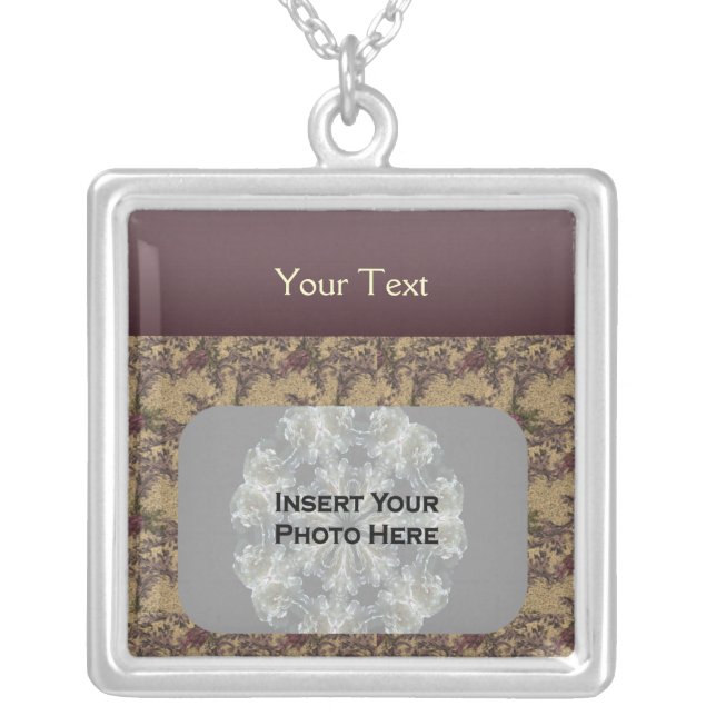 Plum And Brown Floral Design Photo Silver Plated Necklace (Front)