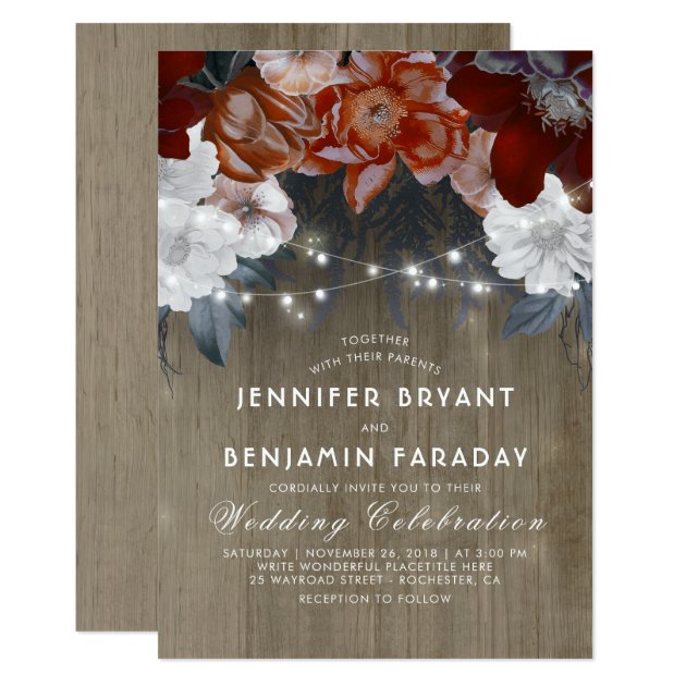 Plum And Burgundy Floral Lights Rustic Wedding Invitation