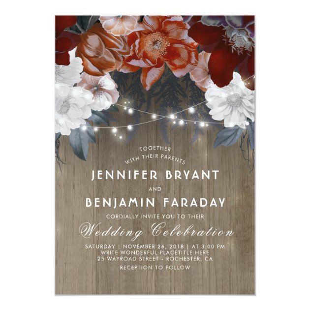 Plum And Burgundy Floral Lights Rustic Wedding Invitation