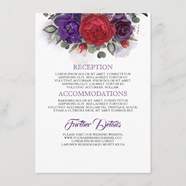 Plum and Burgundy Floral Wedding Information Enclosure Card (Front)