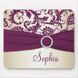 Plum and Champagne Damask, Faux Ribbon Mousepad