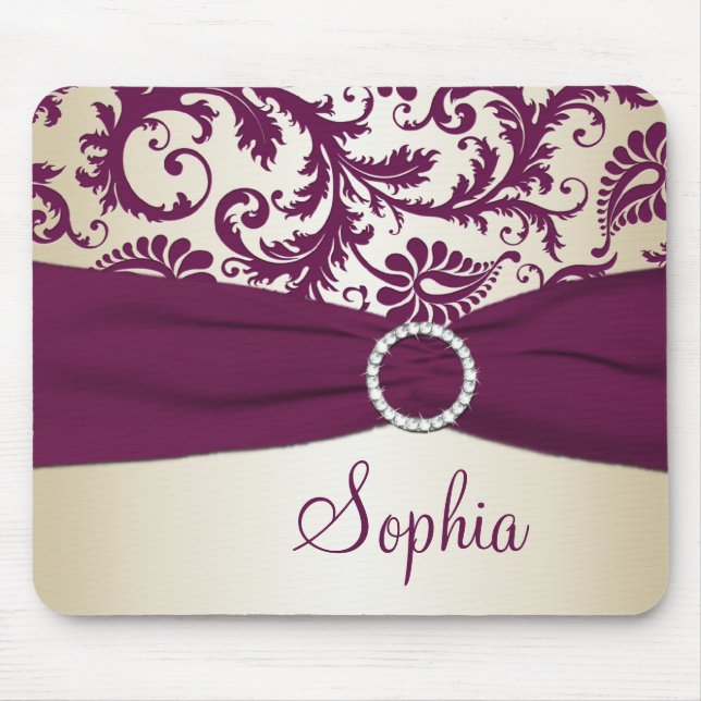 Plum and Champagne Damask, Faux Ribbon Mousepad (Front)