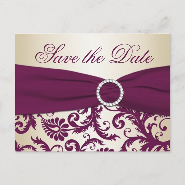 Plum and Champagne Damask Save the Date Postcard (Front)