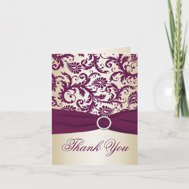 Plum and Champagne Damask Thank You Card (Front)