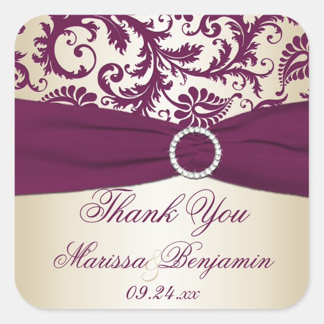 Plum and Champagne Damask Thank You Sticker (Front)