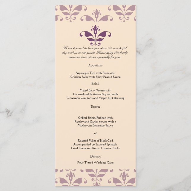 Plum and Champagne Damask Wedding Menu (Front)