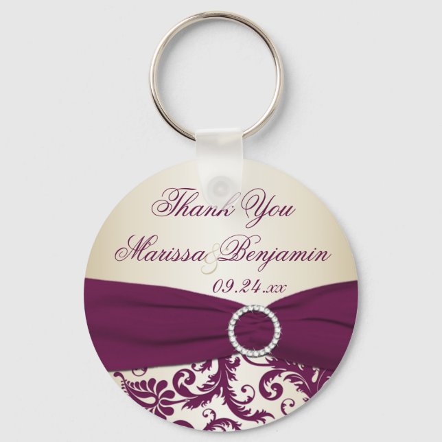 Plum and Champagne Damask with Faux Ribbon Keychain (Front)