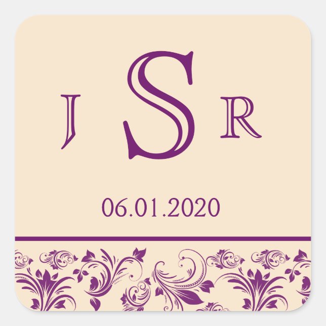 Plum and Champagne Floral Scroll Monogram Sticker (Front)