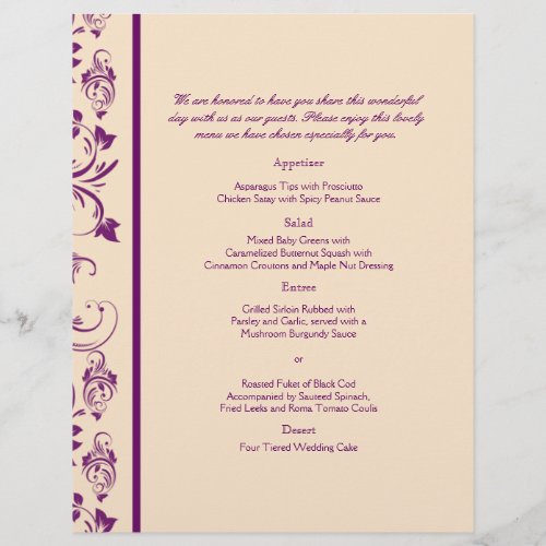 Plum and Champagne Floral Scroll Wedding Menu