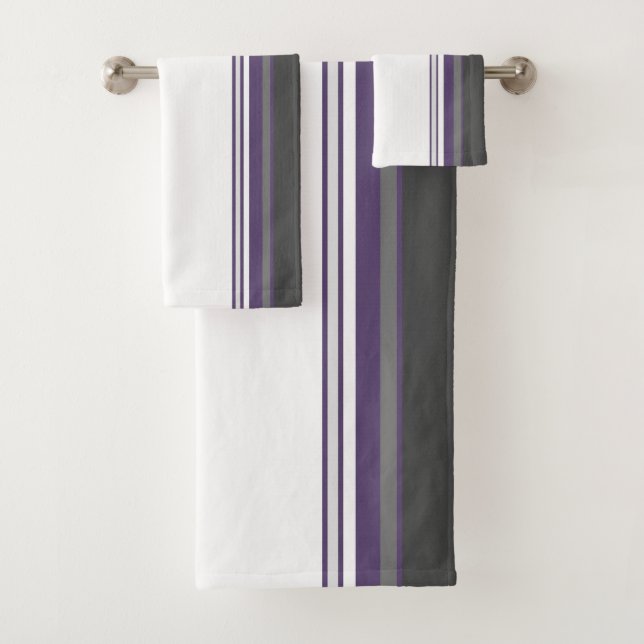 Plum and Charcoal Grey Stripe Bath Towel Set (Insitu)