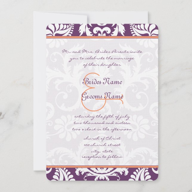 Plum and Coral Damask Wedding Invitations (Front)