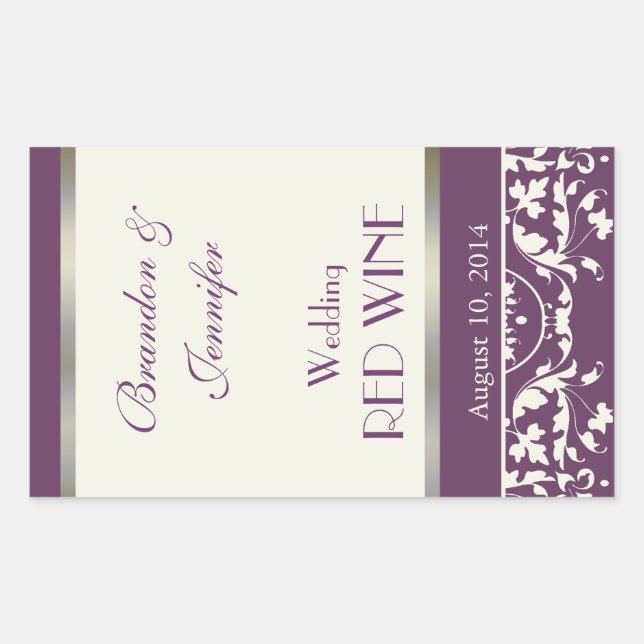 Plum and Cream Damask Wedding Wine Sticker (Front)