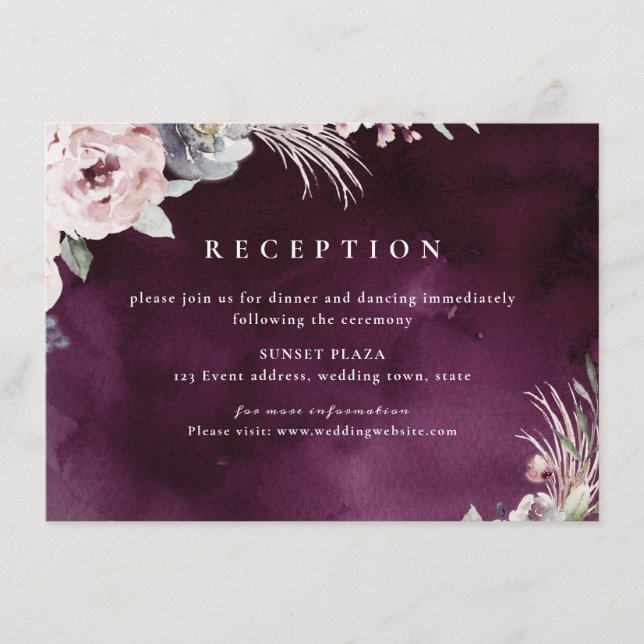 Plum and dusty pink rustic boho floral reception enclosure card (Front)
