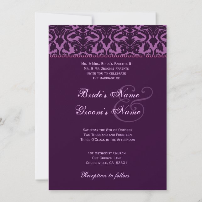Plum and Eggplant Purple Damask Wedding Invitation (Front)