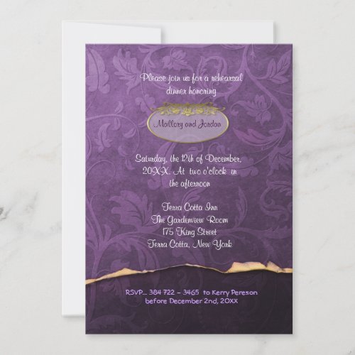 Plum and Gold Damask Rehearsal Dinner Invitation