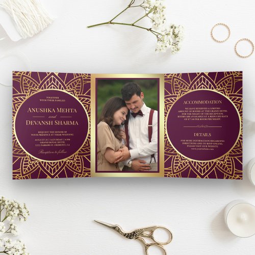 Plum and Gold Ethnic Mandala Indian Wedding Tri_Fold Invitation
