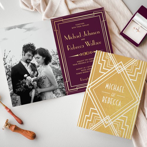 Plum and Gold Foil Art Deco Wedding Invitation