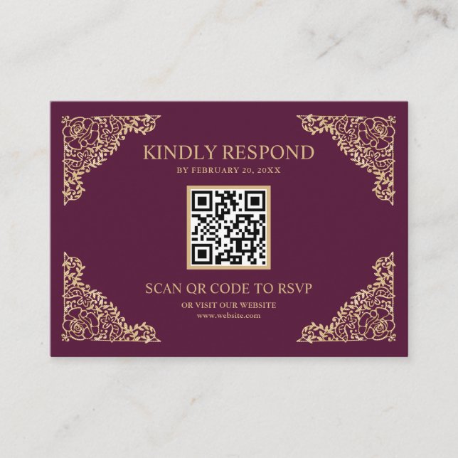 Plum and Gold Frame QR Code RSVP Wedding Website Enclosure Card (Front)