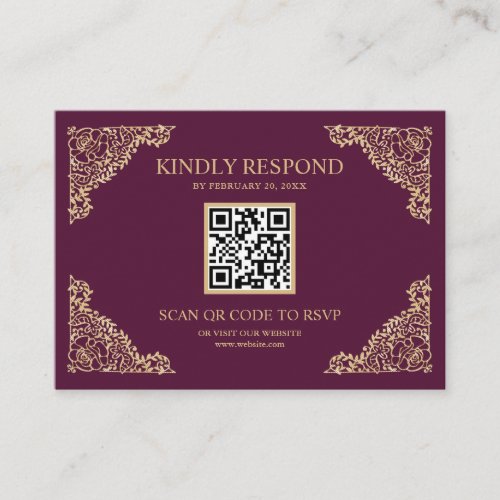 Plum and Gold Frame QR Code RSVP Wedding Website Enclosure Card