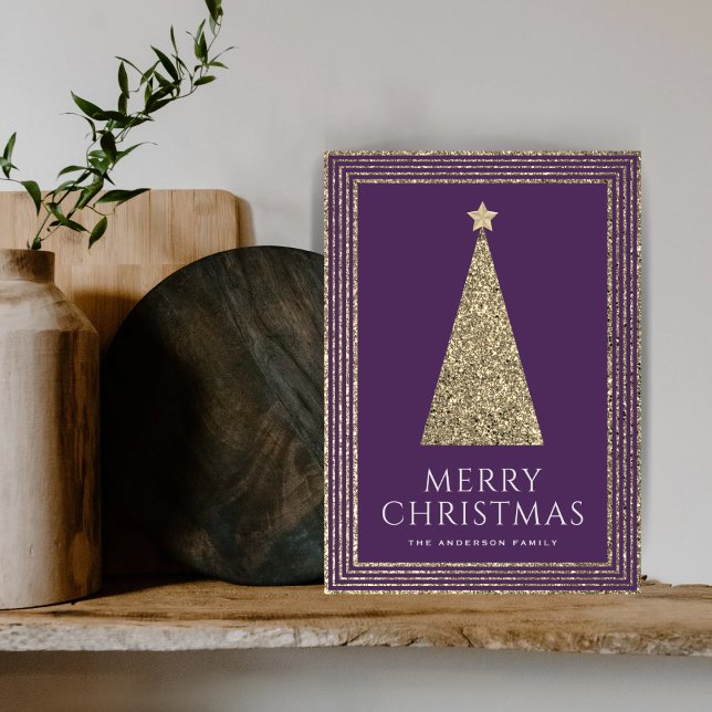 Plum and Gold Glitter Elegant Christmas Tree Holiday Card (Creator Uploaded)