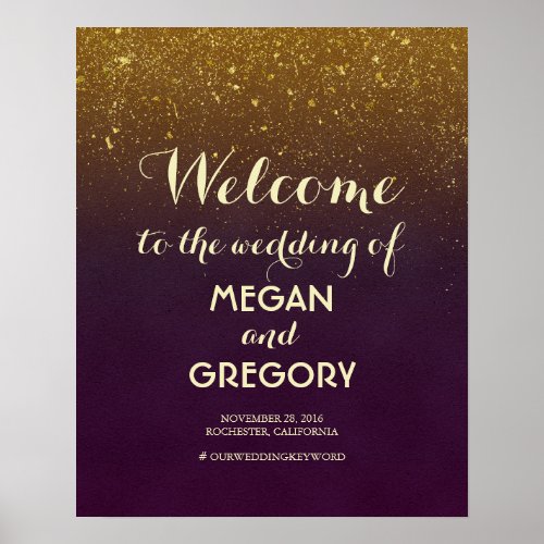 Plum and Gold Glitter Vintage Wedding Welcome Sign