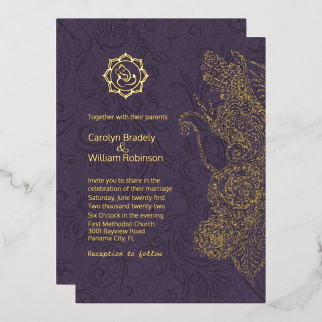 Plum and Gold Mandala and Ganesha Wedding Foil  Foil Invitation (Front/Back)