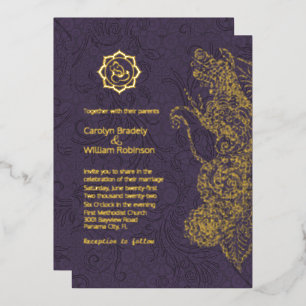 Plum and Gold Mandala and Ganesha Wedding Foil Invitation
