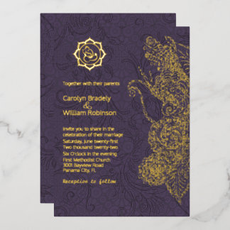 Plum and Gold Mandala and Ganesha Wedding Foil Invitation