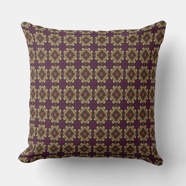 Plum And Gold Retro Motif Throw Pillow (Front)