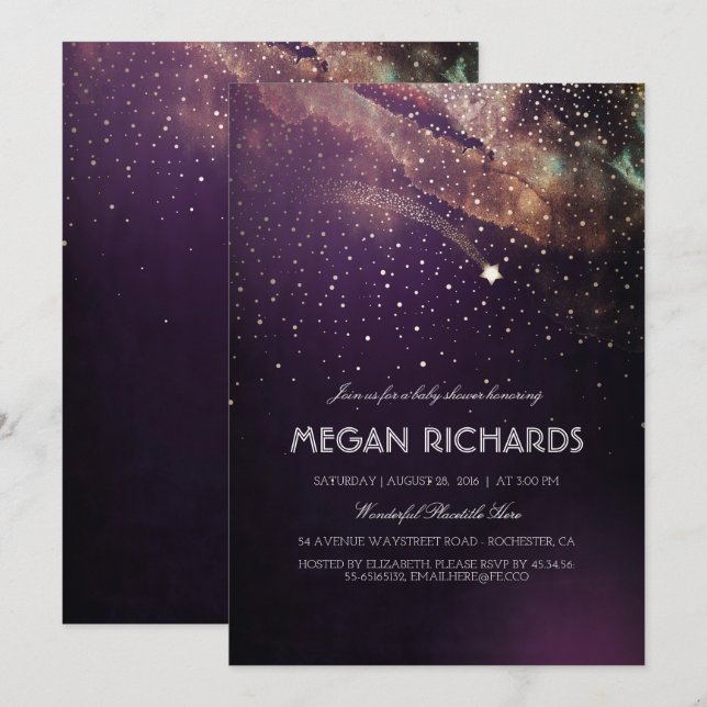 Plum and Gold Shooting Star Starry Baby Shower Invitation (Front/Back)