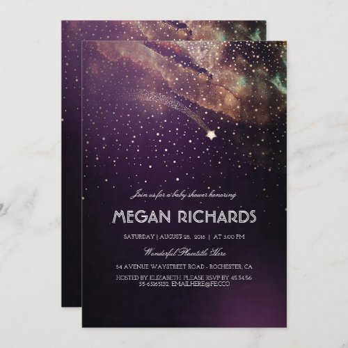 Plum and Gold Shooting Star Starry Baby Shower Invitation
