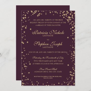 Plum And Gold Stars Twinkle Sky Wedding Invitation by happygotimes at Zazzle