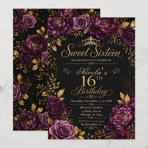 Plum and Gold Sweet Sixteen Invitation