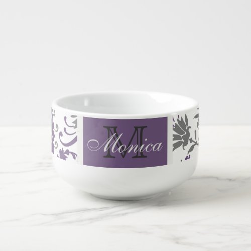 Plum and Gray Girly Floral Monogram Soup Mug