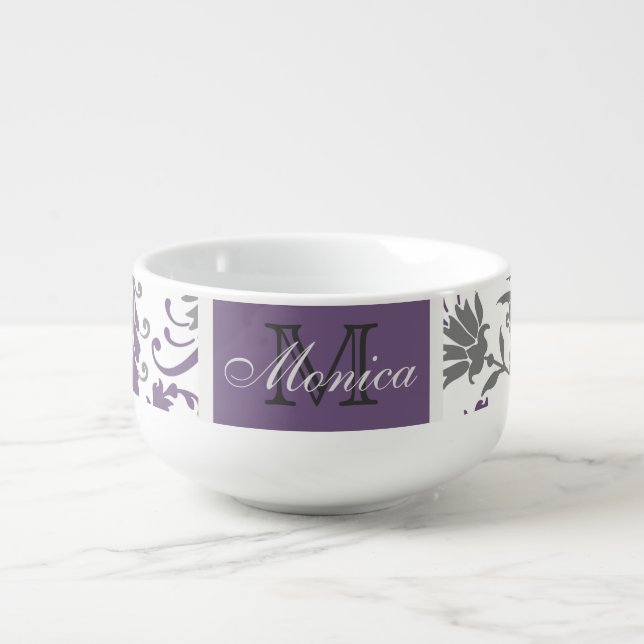 Plum and Gray Girly Floral Monogram Soup Mug (Front)