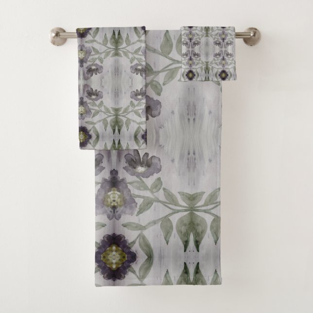 Plum And Green Flowered Bath Towel Set (Insitu)
