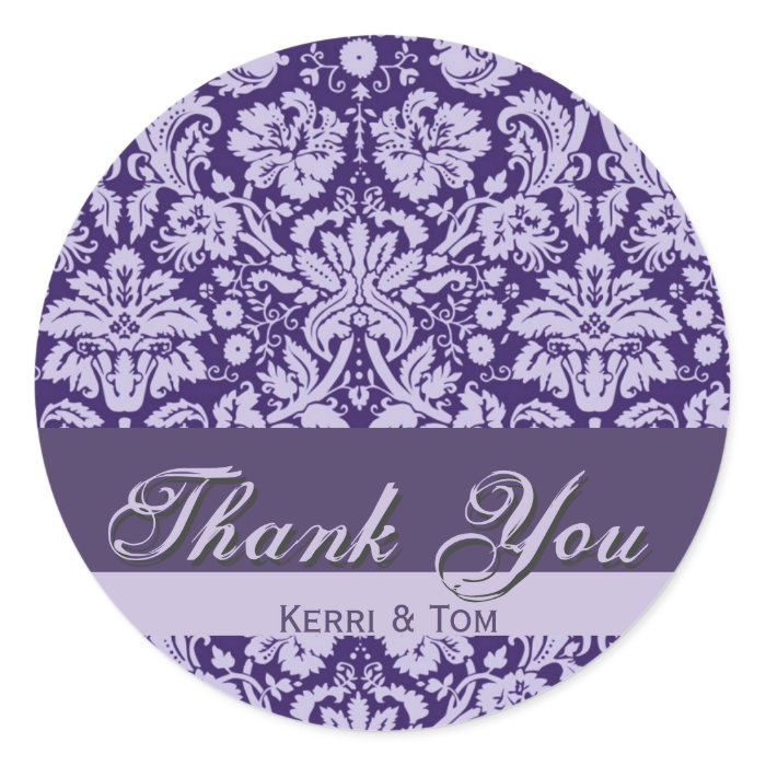 PLUM and LAVENDER PURPLE Damask Wedding THANK YOU Sticker