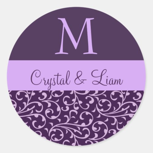 PLUM and LILAC PURPLE Damask Wedding Monogram Classic Round Sticker