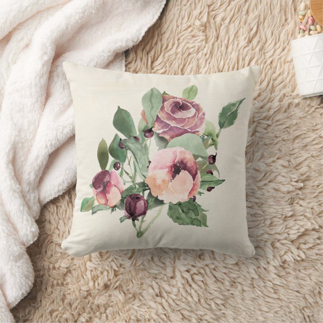 Plum and Mauve Roses Ivory Throw Pillow (Blanket)