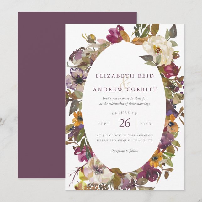 Plum and Mustard Watercolor Floral Wedding Invitation (Front/Back)