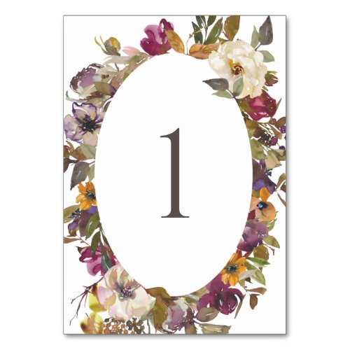 Plum and Mustard Watercolor Peonies Floral Table Number
