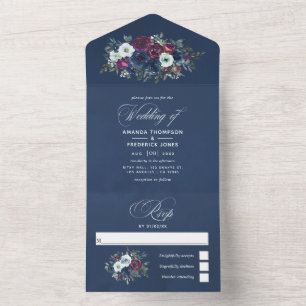 Plum and Navy Blue Floral Wedding All In One Invit All In One Invitation