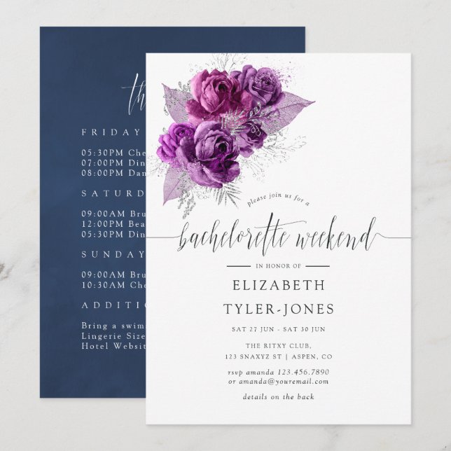 Plum and Navy Floral Bachelorette Weekend Invite (Front/Back)